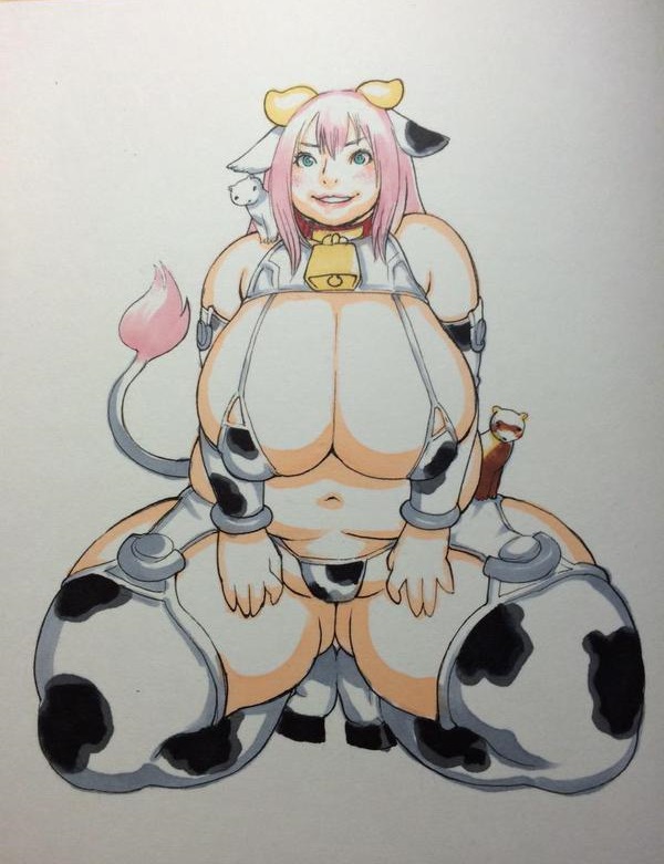 1girl animal_ears bell blue_eyes blush breasts cleavage collar cow_ears cow_girl cow_print cow_tail fat ferret horns huge_breasts kjmvideo kneeling luu_(cosplayer) navel pink_hair plump smile solo tail thick_thighs wide_hips