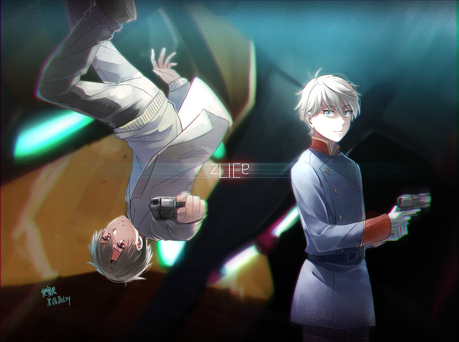 aki_(neyuki41028) aldnoah.zero bad_id bad_pixiv_id brown_eyes brown_hair grey_hair gun kaizuka_inaho kg-6_sleipnir multiple_boys silver_hair slaine_troyard upside-down weapon