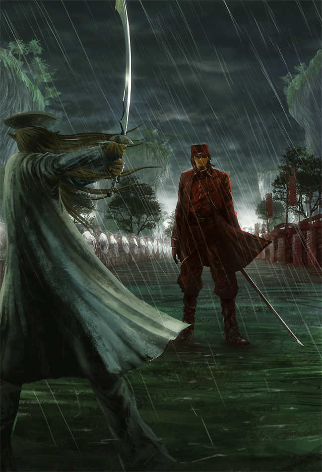 akatsuhara_empire army banner cliff coat elf facial_hair grey_coat hat holding holding_sword holding_weapon long_hair military military_uniform multiple_boys mustache nagashima_(pixiv_fantasia) noba outdoors outstretched_arms pixiv_fantasia pixiv_fantasia_3 pointy_ears rain red_coat scabbard sheath shield standing sunglasses sword tree uniform weapon