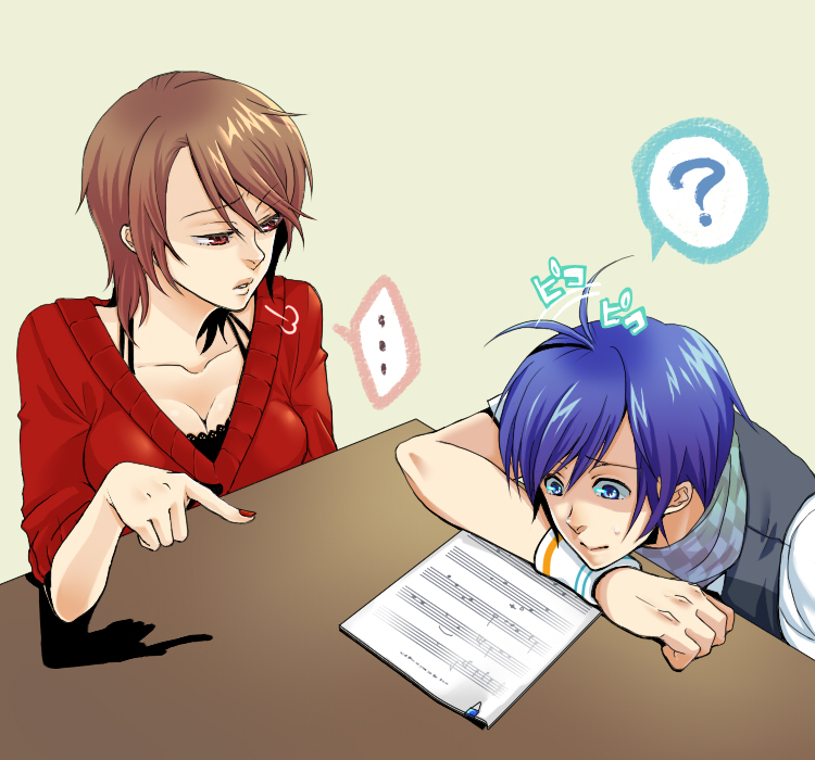 1boy 1girl ? ahoge ahoge_wag beige_background blue_eyes blue_hair breasts brown_eyes brown_hair collarbone expressive_hair kaito looking_at_another medium_breasts meiko motion_lines nail_polish paper parted_lips pointing red_nails shaded_face sheet_music short_hair short_sleeves simple_background speech_bubble spoken_ellipsis spoken_question_mark suma_(piapro) sweat sweatband table vocaloid wristband
