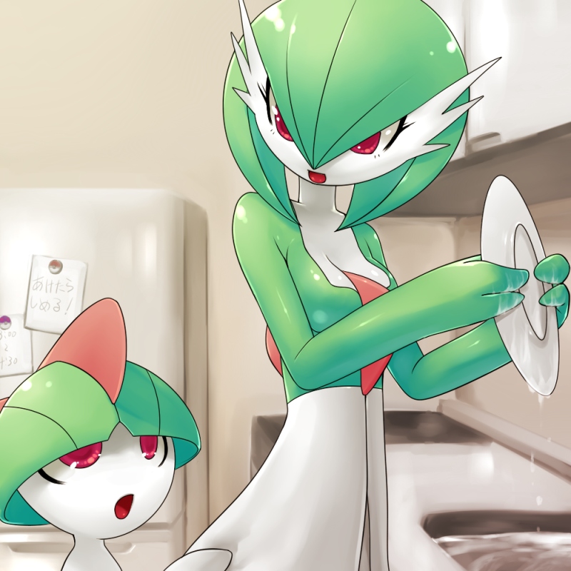 1girl angry bad_id bad_pixiv_id breasts dish dishwashing gardevoir gen_3_pokemon holding kitchen medium_breasts mother_and_son motherly nme no_humans open_mouth poke_ball pokemon pokemon_(creature) ralts red_eyes refrigerator