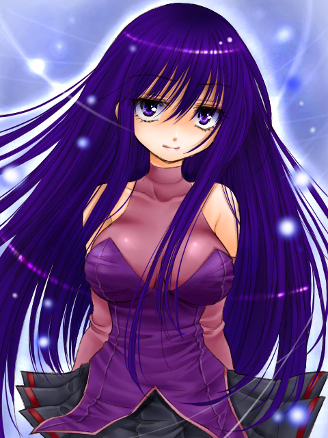 bare_shoulders breasts chiru large_breasts long_hair malariya purple_eyes purple_hair quiz_magic_academy skirt solo