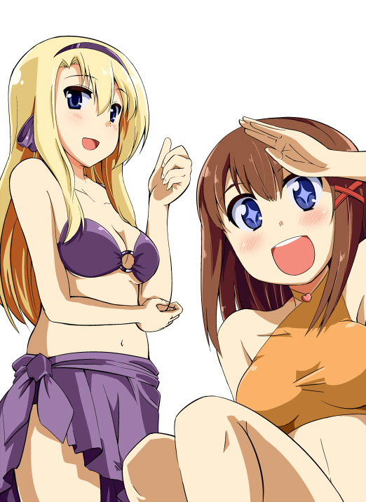 2girls bikini blonde_hair blue_eyes breasts brown_hair carim_gracia hairband long_hair lyrical_nanoha mahou_shoujo_lyrical_nanoha_strikers medium_breasts multiple_girls navel o-ring o-ring_top oda_masaru purple_bikini purple_sarong sarong short_hair simple_background swimsuit white_background yagami_hayate