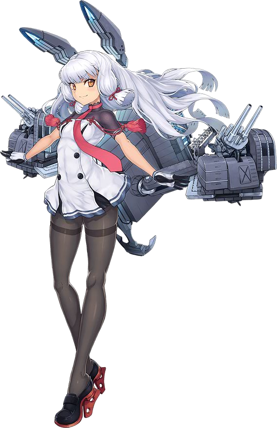 &gt;:) anchor ayaki bad_anatomy black_legwear bow brown_eyes dress full_body gloves hair_bow hair_ribbon headgear kantai_collection loafers long_hair looking_at_viewer machinery murakumo_(kantai_collection) official_art outstretched_arms pantyhose remodel_(kantai_collection) ribbon shoes short_dress smile solo spread_arms thighband_pantyhose transparent_background turret v-shaped_eyebrows white_hair wind