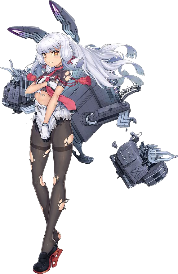 anchor ayaki bad_anatomy bad_knees bad_leg black_legwear bow brown_eyes covering covering_breasts dress dress_tug full_body gloves hair_bow hair_ribbon headgear kantai_collection loafers long_hair looking_at_viewer machinery murakumo_(kantai_collection) necktie official_art pantyhose parted_lips remodel_(kantai_collection) ribbon shoes short_dress smile solo tearing_up torn_clothes torn_dress torn_legwear transparent_background turret white_hair wind