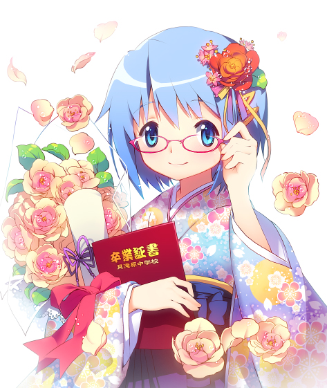 bespectacled blue_eyes blue_hair floral_print flower glasses graduation hair_flower hair_ornament hairclip hakama japanese_clothes kimono long_sleeves mahou_shoujo_madoka_magica matsuki_ringo miki_sayaka red-framed_eyewear sash smile solo upper_body wide_sleeves