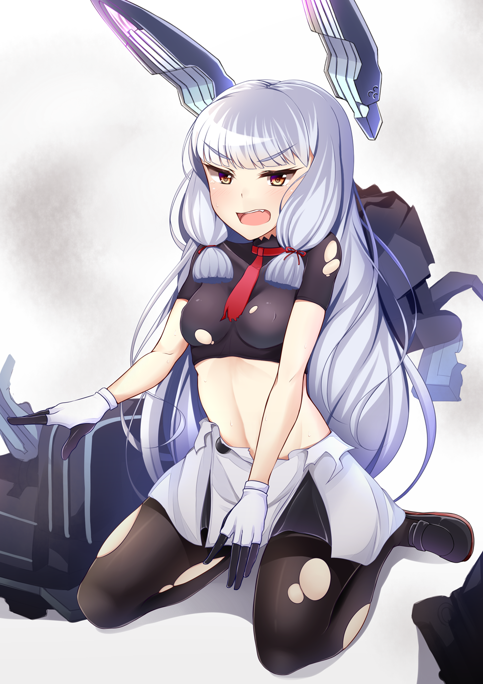 bad_id bad_pixiv_id black_legwear damaged fang gloves hair_ribbon headgear highres kantai_collection kotohane lavender_hair loafers long_hair machinery murakumo_(kantai_collection) navel open_mouth orange_eyes pantyhose remodel_(kantai_collection) ribbon shoes sitting solo thighband_pantyhose torn_clothes torn_legwear very_long_hair