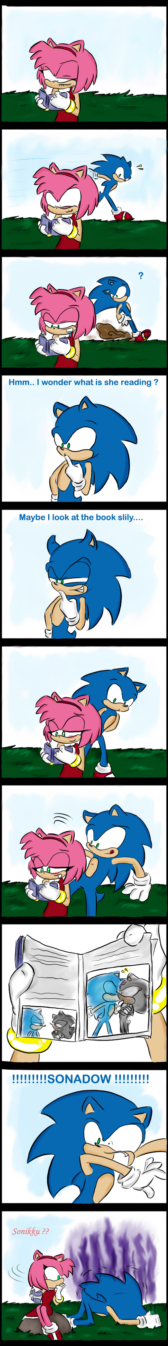 :3 amy_rose book comic daytime drooling female humor kissing male male/male nameless_(artist) saliva shadow_the_hedgehog sonic_(series) sonic_the_hedgehog text translation_request what