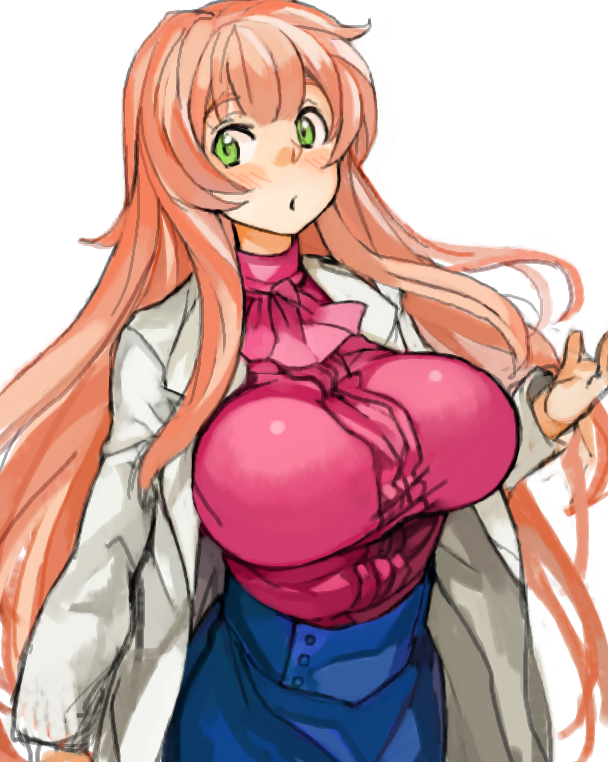 blue_skirt blush breasts green_eyes jinrui_wa_suitai_shimashita labcoat large_breasts long_hair long_sleeves pink_hair sachito simple_background skirt solo very_long_hair watashi_(jintai) white_background