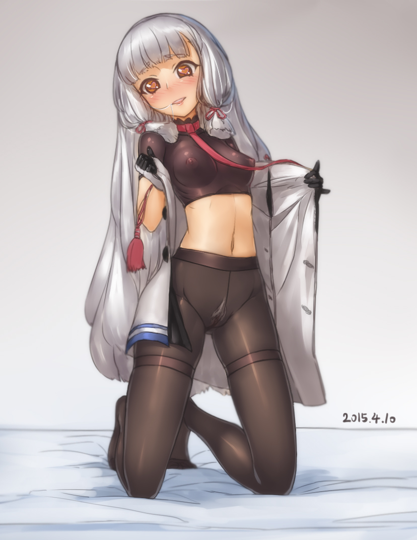 2015 black_legwear blush breasts brown_eyes collarbone colored_pubic_hair covered_nipples crop_top crotch_seam dated dress gloves grey_background hair_in_mouth hair_ribbon headgear heart heart-shaped_pupils kantai_collection kneeling long_hair looking_at_viewer midriff murakumo_(kantai_collection) navel nipples no_panties open_clothes open_mouth pantyhose pubic_hair pussy qingmingtongzi remodel_(kantai_collection) ribbon sailor_dress see-through silver_hair silver_pubic_hair small_breasts solo symbol-shaped_pupils tassel thighband_pantyhose tress_ribbon turtleneck undressing