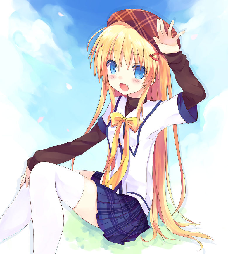 :d blonde_hair blue_eyes clover_days hair_ornament hairclip hat kamichi_miyaki long_hair looking_at_viewer open_mouth plaid plaid_skirt pleated_skirt school_uniform serafuku sitting skirt smile solo takakura_anzu thighhighs white_legwear zettai_ryouiki