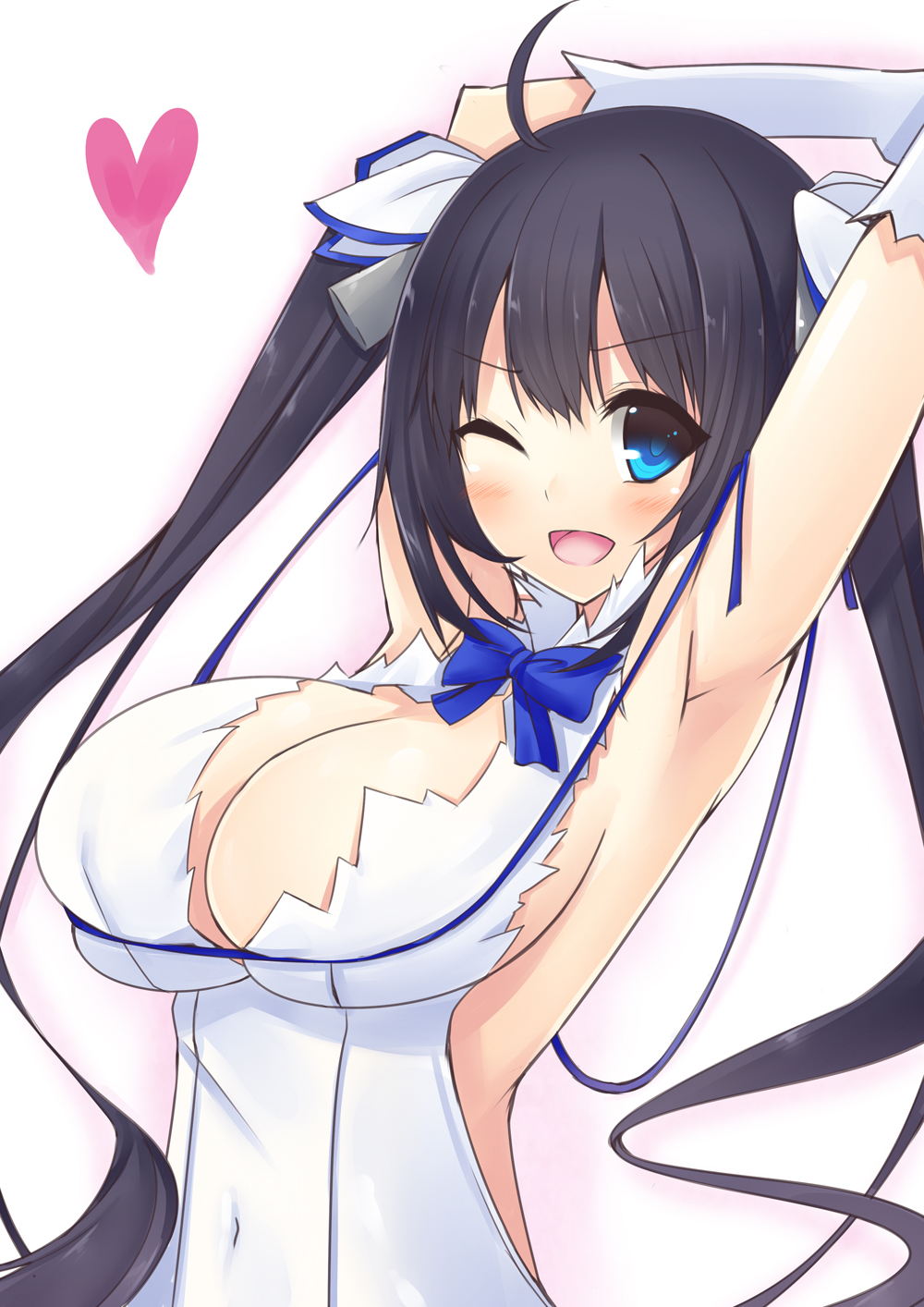 arm_ribbon armpits arms_up bare_shoulders black_hair blue_eyes blue_ribbon blush bow breasts cleavage cleavage_cutout covered_navel dress dungeon_ni_deai_wo_motomeru_no_wa_machigatteiru_darou_ka gloves hair_ornament hair_ribbon hands_up heart hestia_(danmachi) highres large_breasts long_hair looking_at_viewer one_eye_closed open_mouth rei_no_himo ribbon short_dress simple_background sleeveless sleeveless_dress smile solo tanakahazime twintails upper_body white_background white_dress white_gloves