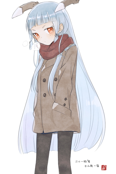 ark_kan hands_in_pockets headgear kantai_collection long_hair murakumo_(kantai_collection) pantyhose red_eyes scarf silver_hair solo translated trench_coat