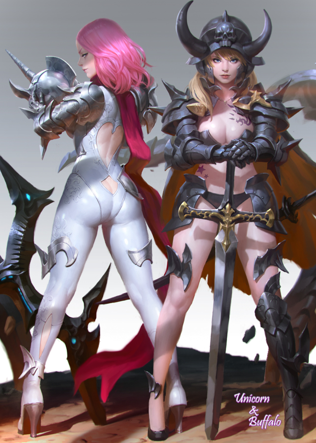 armor ass ass_cutout back-to-back back_cutout bikini_armor blonde_hair blue_eyes breasts butt_crack cape cleavage fantasy faulds full_body gauntlets greaves headwear_removed helmet helmet_removed high_heels horned_helmet kilart large_breasts leotard lips long_hair mismatched_legwear multiple_girls nose original pauldrons pink_hair planted_sword planted_weapon scarf shoulder_pads smile spikes standing sword tattoo weapon