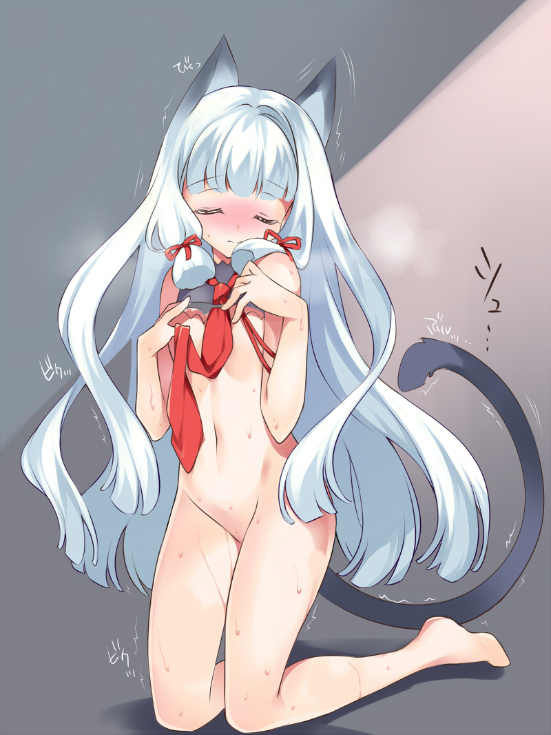 3: animal_ears bare_shoulders barefoot blush bottomless bow cat_ears closed_eyes hair_bow hair_ornament hair_ribbon image_sample kantai_collection kemonomimi_mode kneeling long_hair looking_at_viewer murakumo_(kantai_collection) navel pixiv_sample rei_(rei's_room) ribbon solo sweat tail tearing_up tears topless torn_clothes trembling very_long_hair white_hair