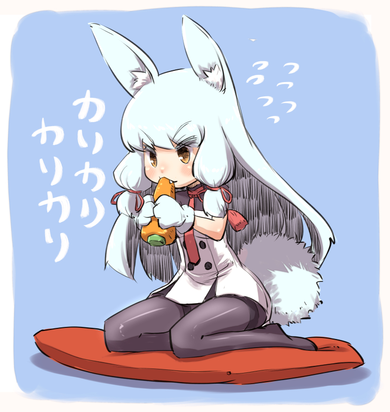 animal_ears blue_hair bunny_ears bunny_tail carrot cushion eating fang flying_sweatdrops gloves hair_ribbon kantai_collection kemonomimi_mode long_hair murakumo_(kantai_collection) pantyhose paw_gloves paws remodel_(kantai_collection) ribbon sitting solo sweatdrop tail translated u-non_(annon'an) yellow_eyes