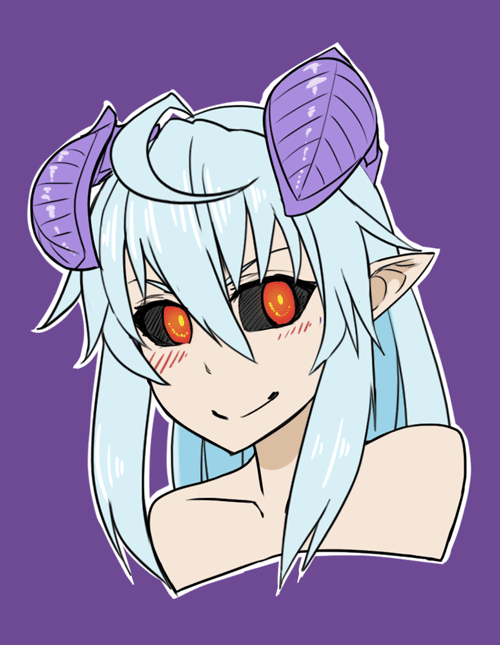 ahoge animated animated_gif bad_deviantart_id bad_id black_sclera blue_hair blush closed_mouth demon_girl demon_horns headbobbing horns less lilim_(monster_girl_encyclopedia) monster_girl_encyclopedia pointy_ears portrait purple_background red_eyes simple_background smile solo