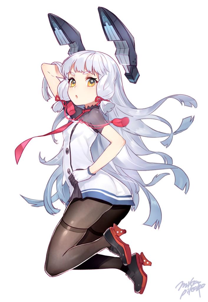 black_legwear dress gloves hair_ribbon headgear high_heels kantai_collection long_hair looking_at_viewer mika_pikazo murakumo_(kantai_collection) open_mouth pantyhose remodel_(kantai_collection) ribbon sailor_dress signature silver_hair solo yellow_eyes