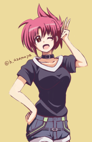 ;d azumaya_hironaru belt breasts brown_background casual collar collarbone denim denim_shorts lowres lyrical_nanoha mahou_shoujo_lyrical_nanoha_vivid medium_breasts numbers_(nanoha) one_eye_closed open_mouth red_eyes red_hair short_hair shorts simple_background smile solo twitter_username v wendi_(nanoha)