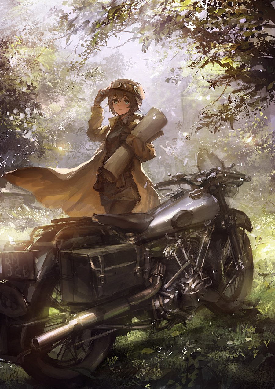 adjusting_clothes adjusting_hat brough_superior coat fur_hat gloves glowing goggles goggles_on_head grass ground_vehicle hat hermes highres kino kino_no_tabi leaf lm7_(op-center) looking_at_viewer motor_vehicle motorcycle nature outdoors plant revision saddle short_hair solo standing sunlight tree wind