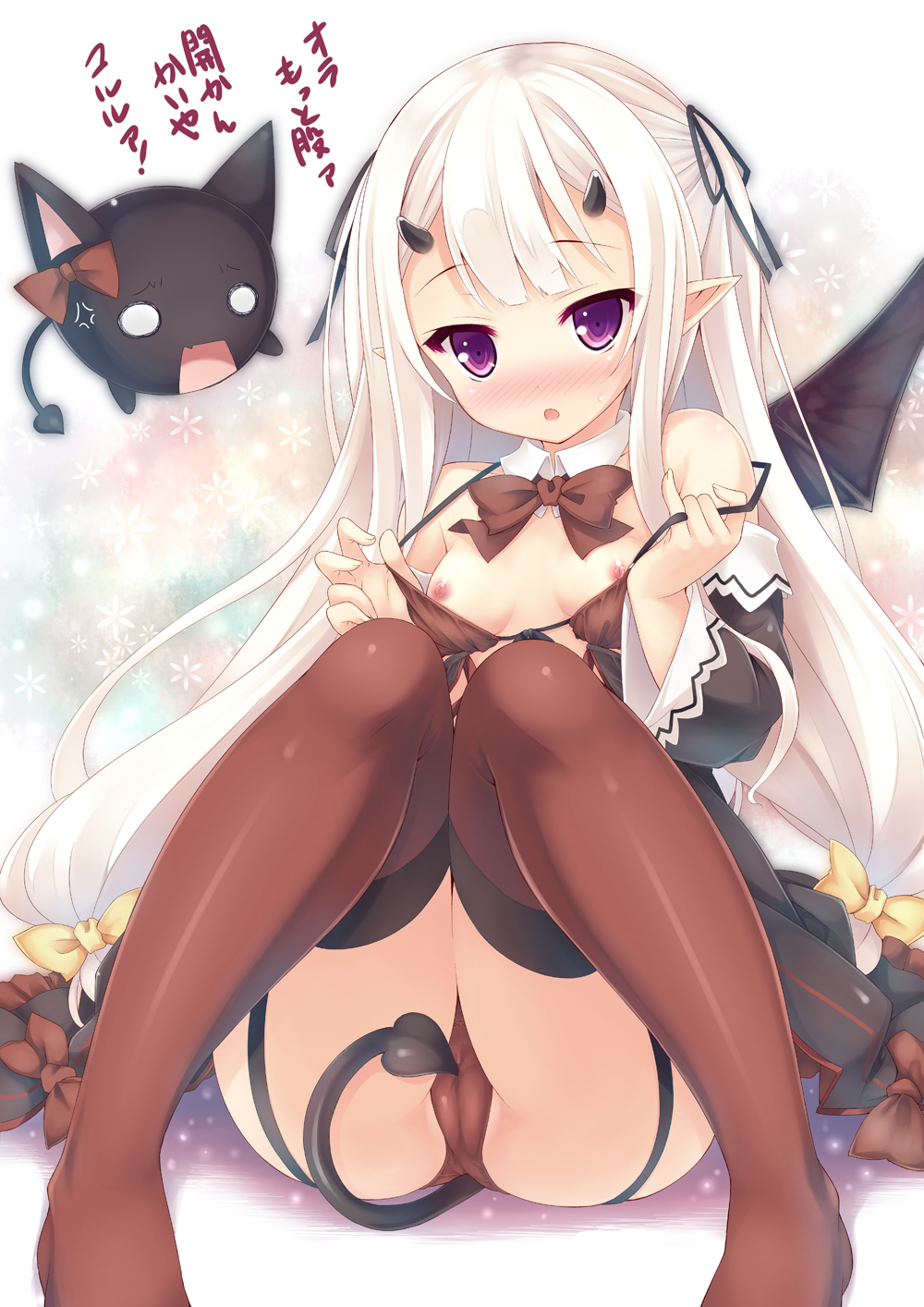 :o anger_vein animal_ears ass ball bare_shoulders black_dress blush breasts brown_legwear brown_panties cameltoe cat_ears demon_girl demon_horns demon_tail demon_wings detached_collar detached_sleeves dress garter_straps hair_ribbon highres horns knees_together_feet_apart long_hair long_sleeves low-tied_long_hair nipples oni_horns open_clothes open_dress open_mouth original panties pointy_ears purple_eyes ribbon ryo silver_hair sitting small_breasts solo succubus tail thighhighs translation_request underwear very_long_hair white_hair wide_sleeves wings