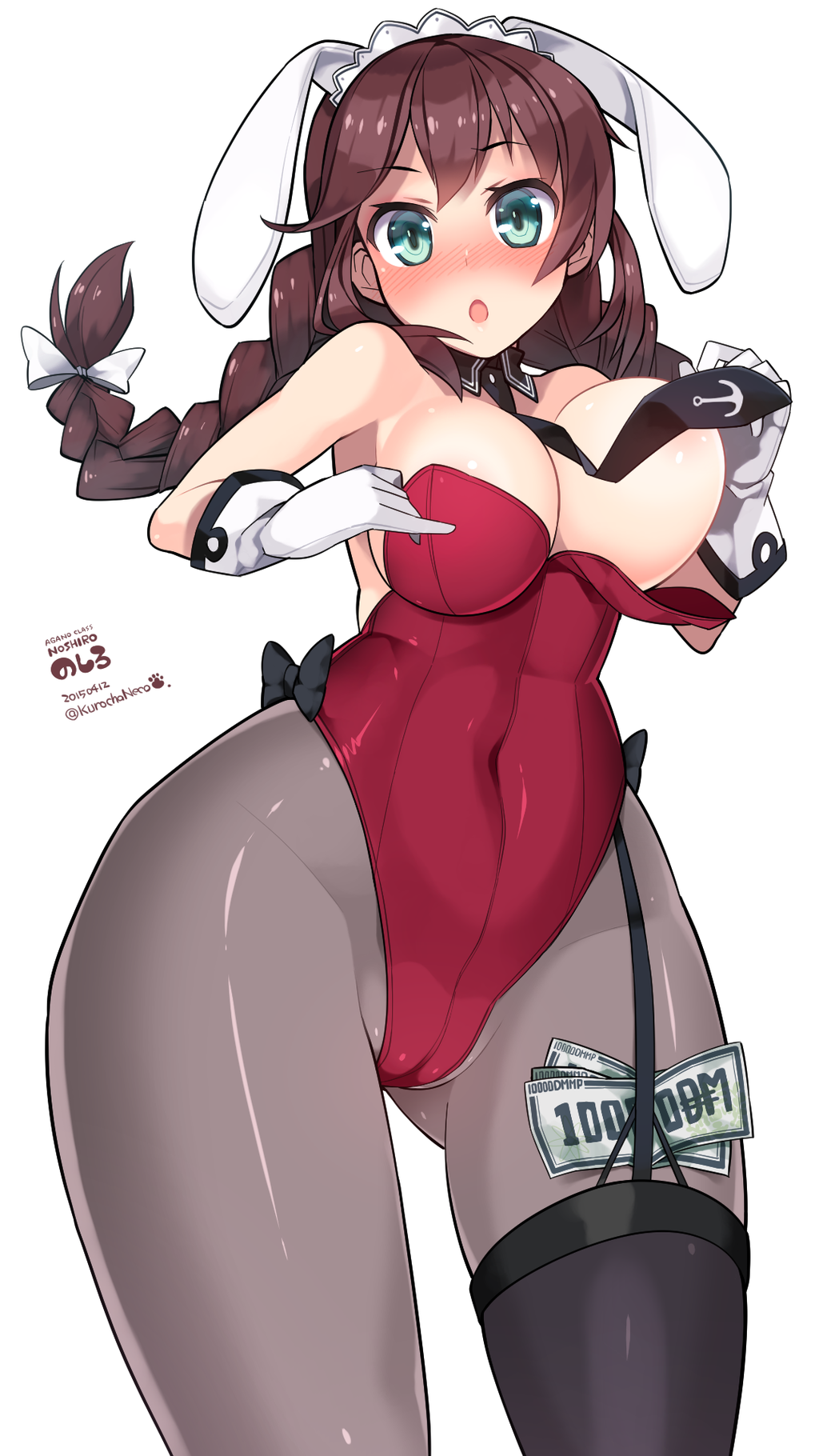 :o animal_ears aqua_eyes black_legwear blush bouncing_breasts bow braid breasts brown_hair bunnysuit character_name cleavage convenient_censoring cowboy_shot dated detached_collar fake_animal_ears garter_straps gloves hair_bow highres image_sample kantai_collection kuro_chairo_no_neko large_breasts long_hair looking_at_viewer maid_headdress money money_hold noshiro_(kantai_collection) open_mouth pantyhose paw_print simple_background single_thighhigh solo thighhighs thighhighs_over_pantyhose twin_braids twitter_sample twitter_username wardrobe_malfunction white_background white_gloves