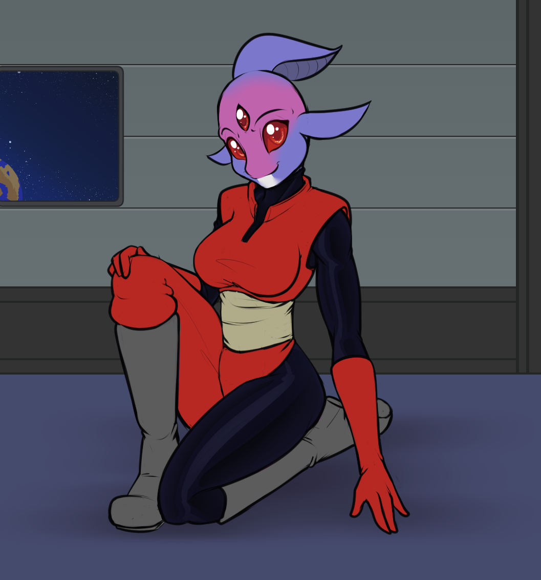 boots breasts clothed clothing female gloves hylotl inside kneeling looking_at_viewer planet red_eyes scorpdk solo space spacecraft starbound suit video_games window