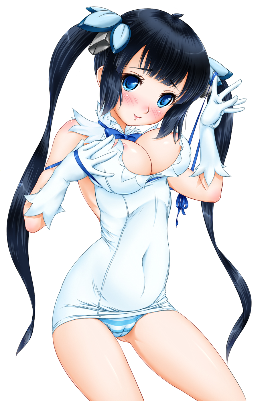 areola_slip areolae black_hair blue_eyes blue_ribbon blush breasts cameltoe cleavage cleavage_cutout cowboy_shot dress dungeon_ni_deai_wo_motomeru_no_wa_machigatteiru_darou_ka gloves hestia_(danmachi) highres himadarou large_breasts long_hair looking_at_viewer panties pantyshot rei_no_himo ribbon smile solo striped striped_panties twintails underwear white_dress white_gloves