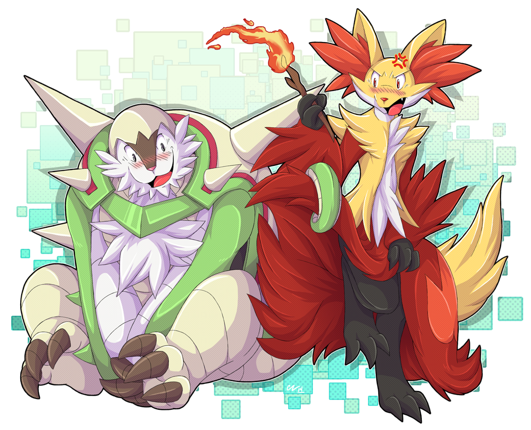 ambiguous_gender beard black_fur blush canine chesnaught cute cyber_zai delphox duo facial_hair fangs fire fox fur happy mammal nintendo open_mouth pok&eacute;mon red_fur sitting standing stick teeth tongue tuft video_games voyeur wand white_fur yellow_fur