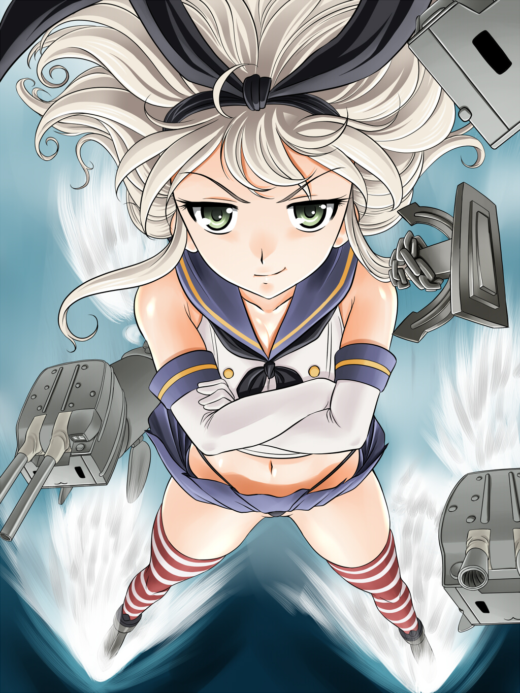 anchor_hair_ornament black_neckwear black_panties blonde_hair collarbone crossed_arms elbow_gloves full_body glamour_works gloves green_eyes hair_ornament highleg highleg_panties highres kantai_collection legs_apart long_hair looking_at_viewer messy_hair midriff miniskirt navel neckerchief outdoors panties pleated_skirt rensouhou-chan school_uniform shimakaze_(kantai_collection) skirt smile smirk solo standing striped striped_legwear thighhighs thong underwear uniform wind wind_lift