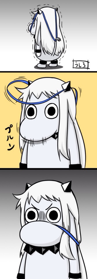 annoyed bow comic commentary_request gradient gradient_background hair_bow hair_ribbon horns kantai_collection long_hair mittens moomin muppo no_humans northern_ocean_hime rei_no_himo ribbon sazanami_konami shinkaisei-kan tail translated white_hair you're_doing_it_wrong