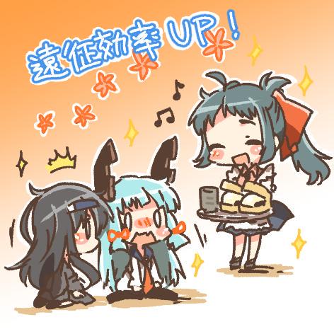 3girls alternate_costume aqua_hair bad_id bad_twitter_id black_hair blush bow chibi closed_eyes cup flower food green_hair hair_bow hair_ornament hairclip hatsushimo_(kantai_collection) irako_(kantai_collection) kantai_collection long_hair lowres multiple_girls murakumo_(kantai_collection) open_mouth orange_background pantyhose ponytail rebecca_(keinelove) remodel_(kantai_collection) ribbon smile sparkle translation_request tray