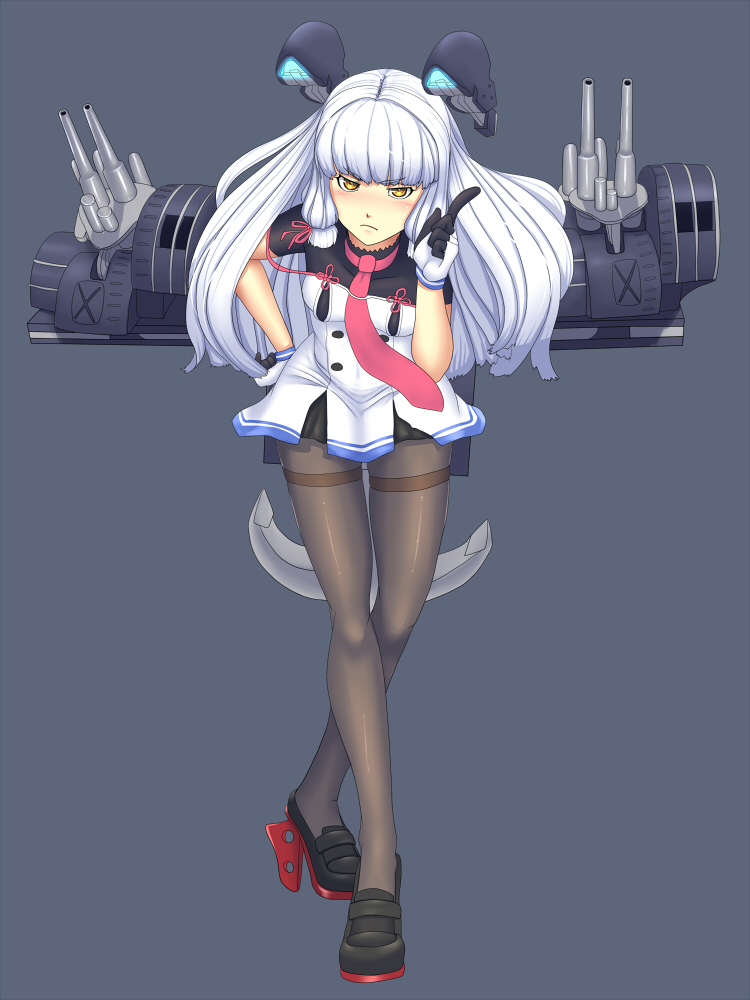 &gt;:( bangs blunt_bangs blush breasts crossed_legs dress frown full_body gloves grey_background grey_legwear hair_ribbon hand_on_hip headgear high_heels index_finger_raised kantai_collection leaning_forward loafers long_hair looking_at_viewer mecha_musume murakumo_(kantai_collection) necktie orange_eyes pantyhose pleated_dress remodel_(kantai_collection) ribbon sailor_dress shoes short_dress short_eyebrows short_sleeves sidelocks simple_background slim_legs small_breasts solo spandex standing strapless strapless_dress thighband_pantyhose tress_ribbon turret turtleneck v-shaped_eyebrows white_hair yui_sora