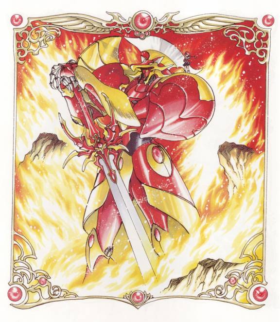 90s clamp fire magic_knight_rayearth mashin mecha rayearth_(character) red_armor shidou_hikaru size_difference sword weapon
