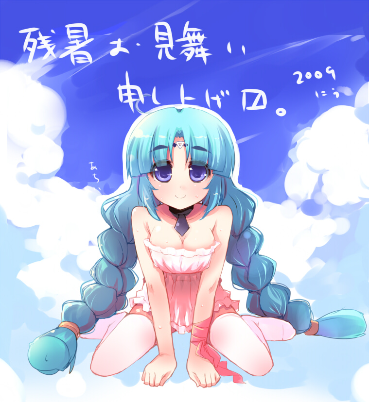 blue_hair braid breasts canal_vorfeed cleavage large_breasts long_hair lost_universe shin_(new) solo thighhighs twin_braids twintails