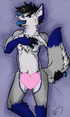 &lt;3 anthro black_hair blue_eyes blue_fur blue_nose canine coyote darkfawks facial_hair fox foyote fur grey_fur grin hair hand_on_chest holding_tail mammal ni3ls pawpads paws piercing smile tongue tongue_out