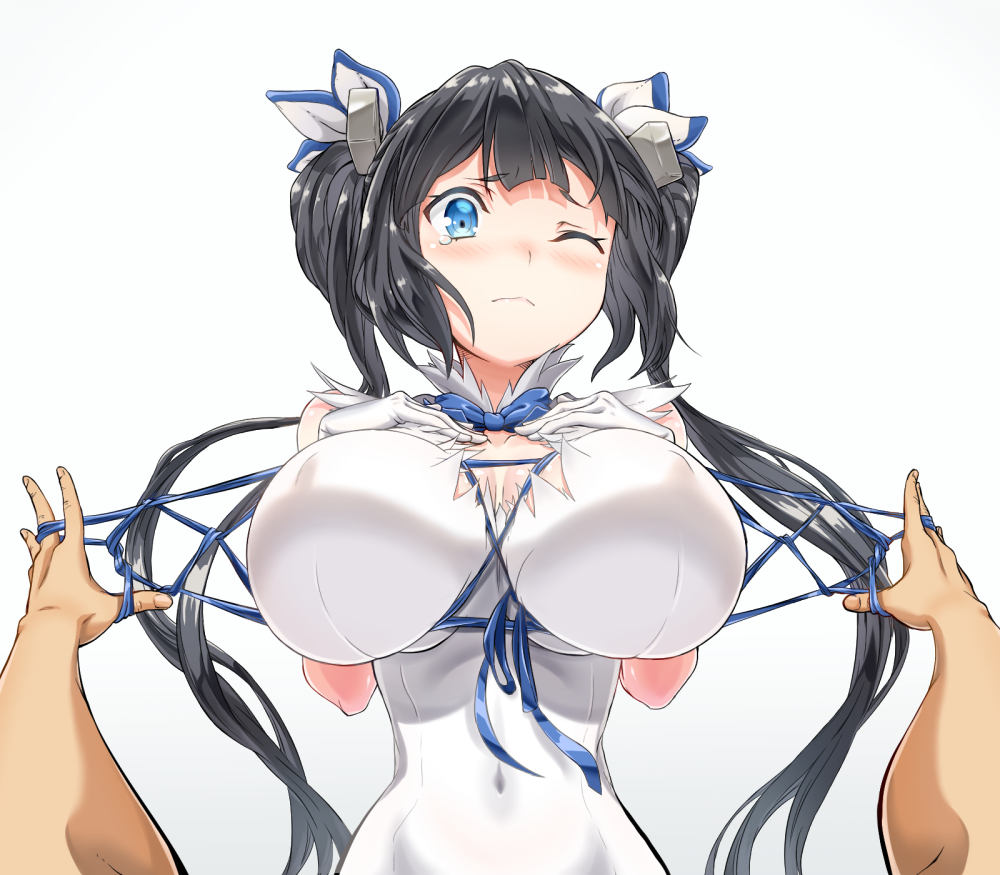 arm_ribbon bare_shoulders bdsm black_hair blue_eyes blue_ribbon blush bondage bound bow breast_lift breasts cat's_cradle cleavage cleavage_cutout covered_navel covered_nipples dress dungeon_ni_deai_wo_motomeru_no_wa_machigatteiru_darou_ka gloves hair_ornament hair_ribbon hand_on_breast hands_on_own_chest hands_up hestia_(danmachi) large_breasts long_hair nose_blush one_eye_closed pov rei_no_himo ribbon short_dress simple_background skindentation sleeveless sleeveless_dress solo tearing_up ten_piboshi twintails very_long_hair white_background white_dress white_gloves
