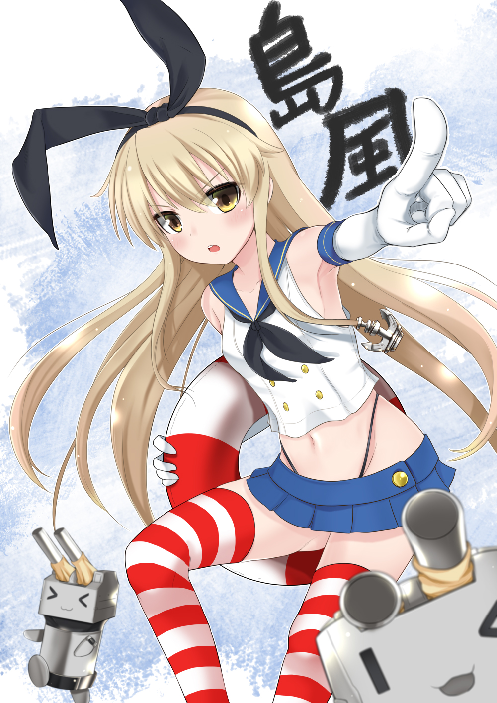anchor_hair_ornament armpits bare_shoulders blonde_hair blue_skirt bow brown_eyes crop_top elbow_gloves gloves hair_bow hair_ornament hairband highleg highres kantai_collection lifebuoy long_hair looking_at_viewer microskirt mint_(cerbi) neckerchief open_mouth pleated_skirt pointing pointing_at_viewer rensouhou-chan sailor_collar shimakaze_(kantai_collection) skirt striped striped_legwear thighhighs white_gloves