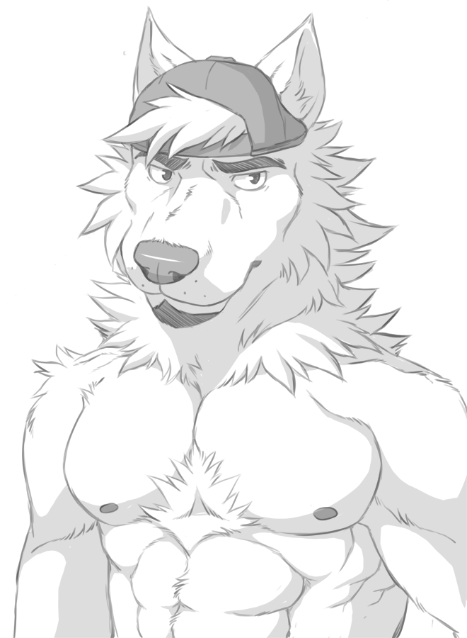 abs aluminemsiren anthro baseball_cap biceps canine chest_tuft facial_hair fur hat male mammal muscles nipples pecs tre tuft wolf