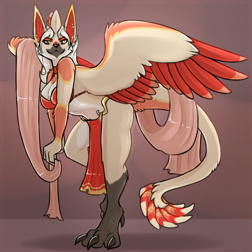 2015 :3 anthro avian breasts claws clothing ear_piercing female fur gryphon hair harem looking_at_viewer piercing pink_fur red_feathers royalty_(artist) silk smile solo white_feathers white_fur white_hair yellow_eyes