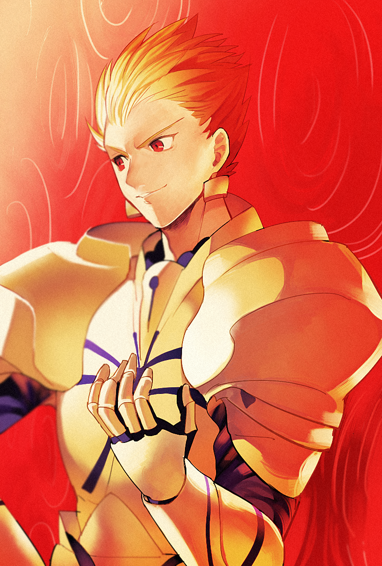 armor bad_id bad_pixiv_id blonde_hair earrings fate/stay_night fate_(series) gate_of_babylon gilgamesh hair_slicked_back jewelry male_focus naoko_(juvenile) red_eyes solo