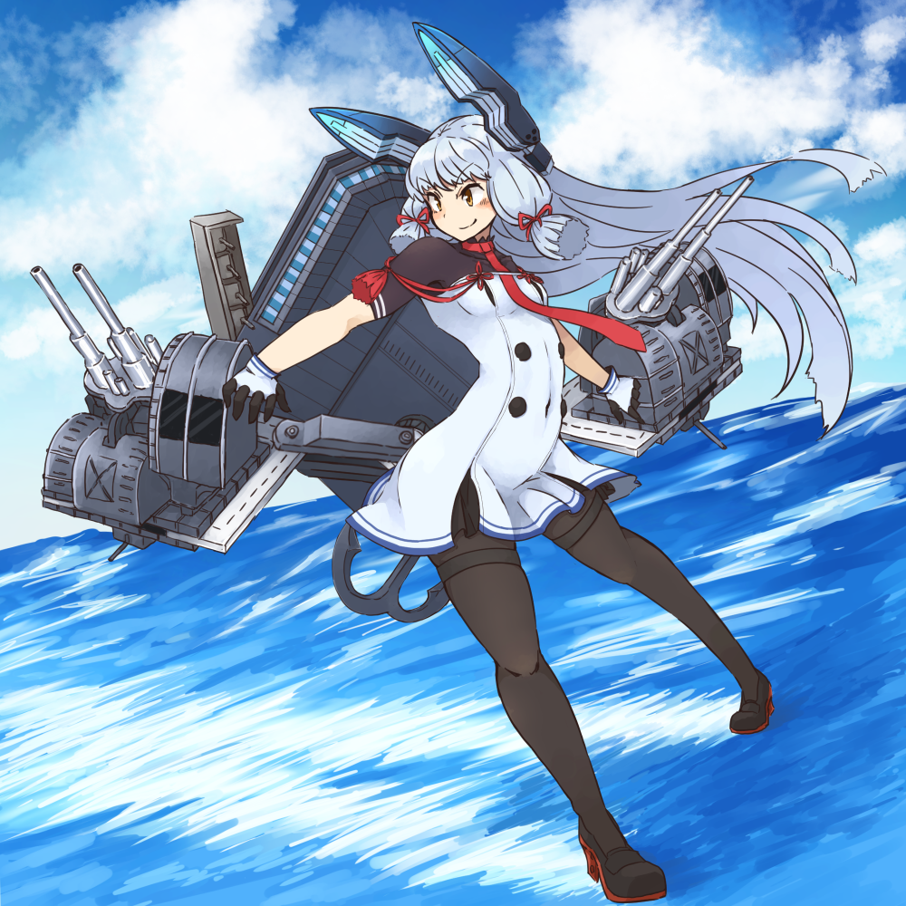 anchor aqua_hair bangs black_legwear blue_sky blunt_bangs brown_eyes cloud day dress gloves headgear kaginoni kantai_collection loafers long_hair machinery murakumo_(kantai_collection) necktie pantyhose red_neckwear remodel_(kantai_collection) shoes sky smile solo standing standing_on_liquid thighband_pantyhose white_dress