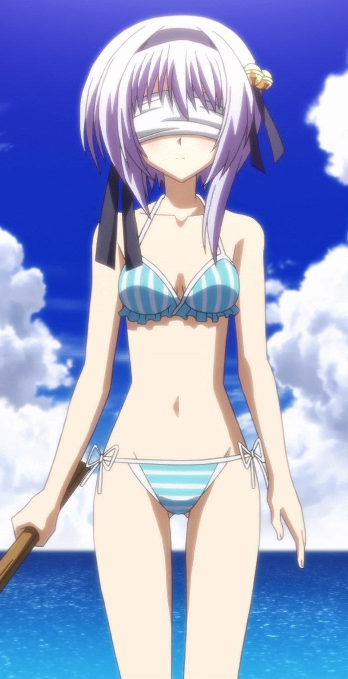 1girl bare_shoulders beach bell bikini blindfold blue_hair breasts frills hair_ornament hairband hinata_ibuki hoshizora_e_kakaru_hashi navel ocean screencap short_hair side-tie_bikini striped_swimsuit swimsuit tagme water