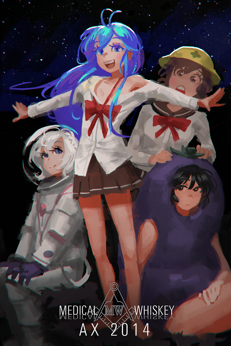 :d antenna_hair astronaut barefoot black_hair blue_eyes blue_hair bow denpa_onna_to_seishun_otoko doyora eggplant_costume hardhat helmet highres hoshimiya_yashiro long_hair maekawa mifune_ryuuko multiple_girls off_shoulder open_mouth outstretched_arms school_uniform serafuku silver_hair skirt smile spread_arms touwa_erio