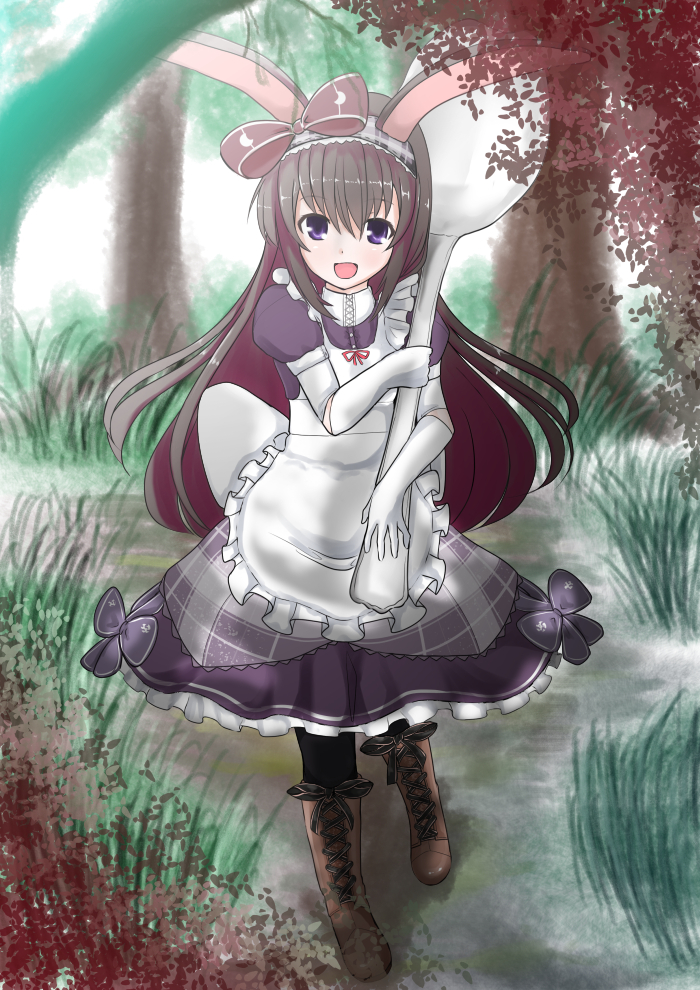 animal_ears black_hair bunny_ears komomo_(picturecollapse) long_hair looking_at_viewer maid open_mouth oversized_object pantyhose purple_eyes rwby smile solo spoon velvet_scarlatina
