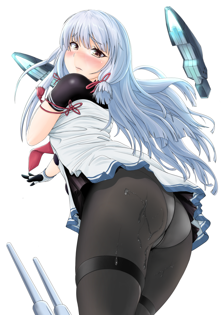 ass blush crotch_seam cum cum_on_ass from_behind gloves highres hiyama_izumi_(wttdh) kantai_collection long_hair looking_back looking_down murakumo_(kantai_collection) panties panties_under_pantyhose pantyhose red_eyes remodel_(kantai_collection) silver_hair solo turret underwear