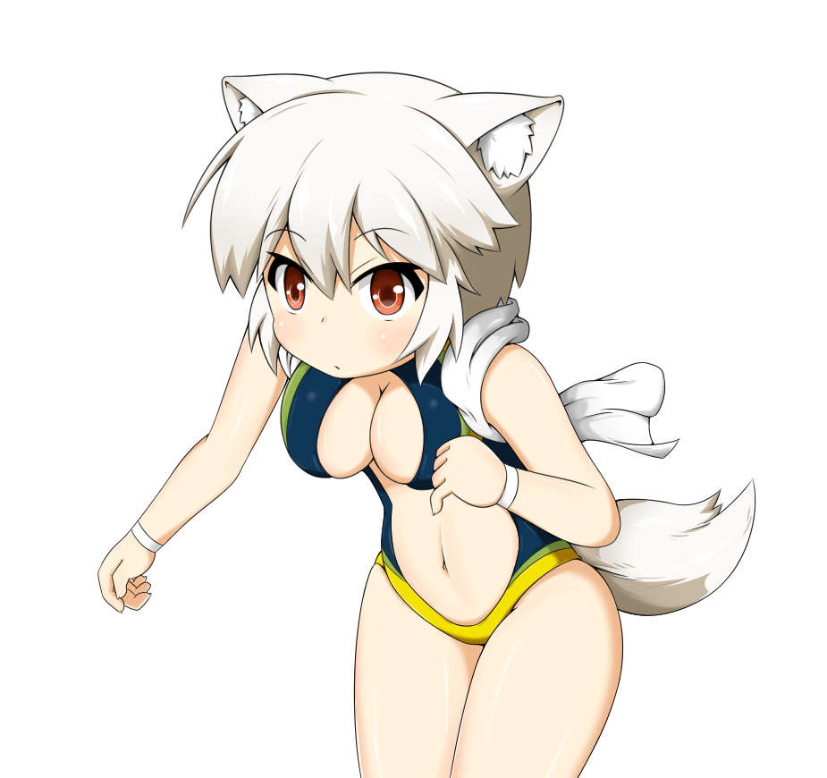 animal_ears bare_arms bare_shoulders belly blush breasts cleavage competition_swimsuit hitotsubashi_inari inubashiri_momiji large_breasts leaning_forward looking_at_viewer navel no_neck one-piece_swimsuit red_eyes revealing_clothes short_hair solo swimsuit tail thighs touhou towel towel_around_neck white_hair wolf_ears wolf_tail wristband