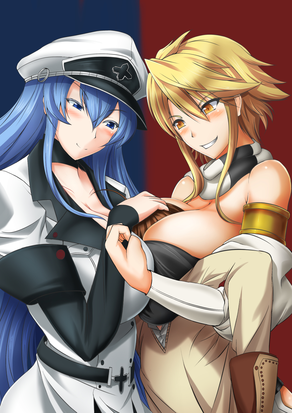 2girls akame_ga_kill! armlet bare_shoulders between_breasts blonde_hair blue_eyes blue_hair blush bol_(liliymimi) breast_press breast_smother breasts choker detached_sleeves esdeath girl_sandwich grin hat head_between_breasts height_difference highres large_breasts leone long_hair military military_uniform multiple_girls peaked_cap sandwiched scarf smile symmetrical_docking tatsumi_(akame_ga_kill!) uniform very_long_hair yellow_eyes
