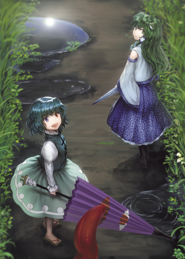 blue_eyes blue_hair blurry boots circlek closed_umbrella depth_of_field detached_sleeves flower frog_hair_ornament from_above geta grass green_eyes green_hair hair_ornament hair_tubes heterochromia juliet_sleeves karakasa_obake kochiya_sanae light_smile long_hair long_sleeves looking_at_viewer looking_back multiple_girls open_mouth puddle puffy_sleeves red_eyes reflection road short_hair skirt skirt_set snake_hair_ornament sun tatara_kogasa touhou umbrella