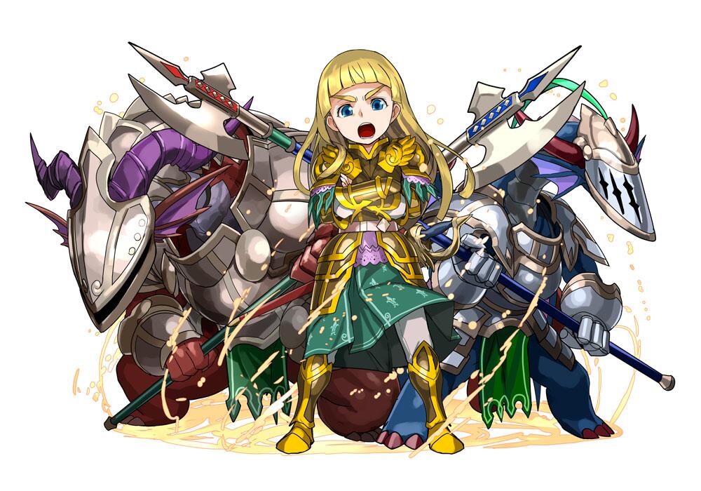 :o adachi_yousuke armor blonde_hair blue_eyes crossed_arms dragon eyebrows jeanne_d'arc_(p&amp;d) long_hair official_art open_mouth puzzle_&amp;_dragons simple_background solo thick_eyebrows v-shaped_eyebrows white_background